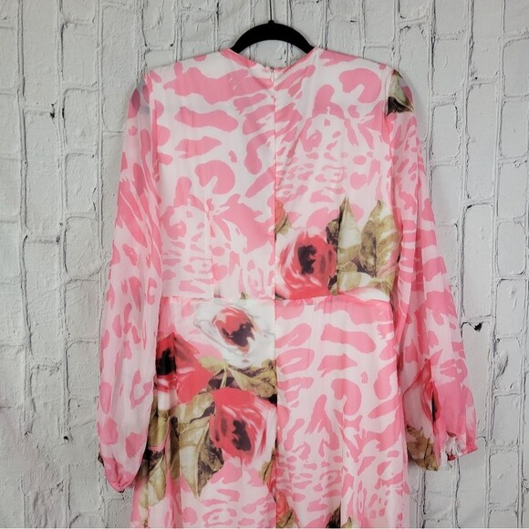 Giffniseti pink leopard print long sleeve cut out side ruffle hem maxi dress - Picture 6 of 12